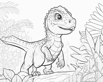 Színező egy taréjos fejű dinoszauruszbébivel, amely egy fatörzsön áll páfrányok között